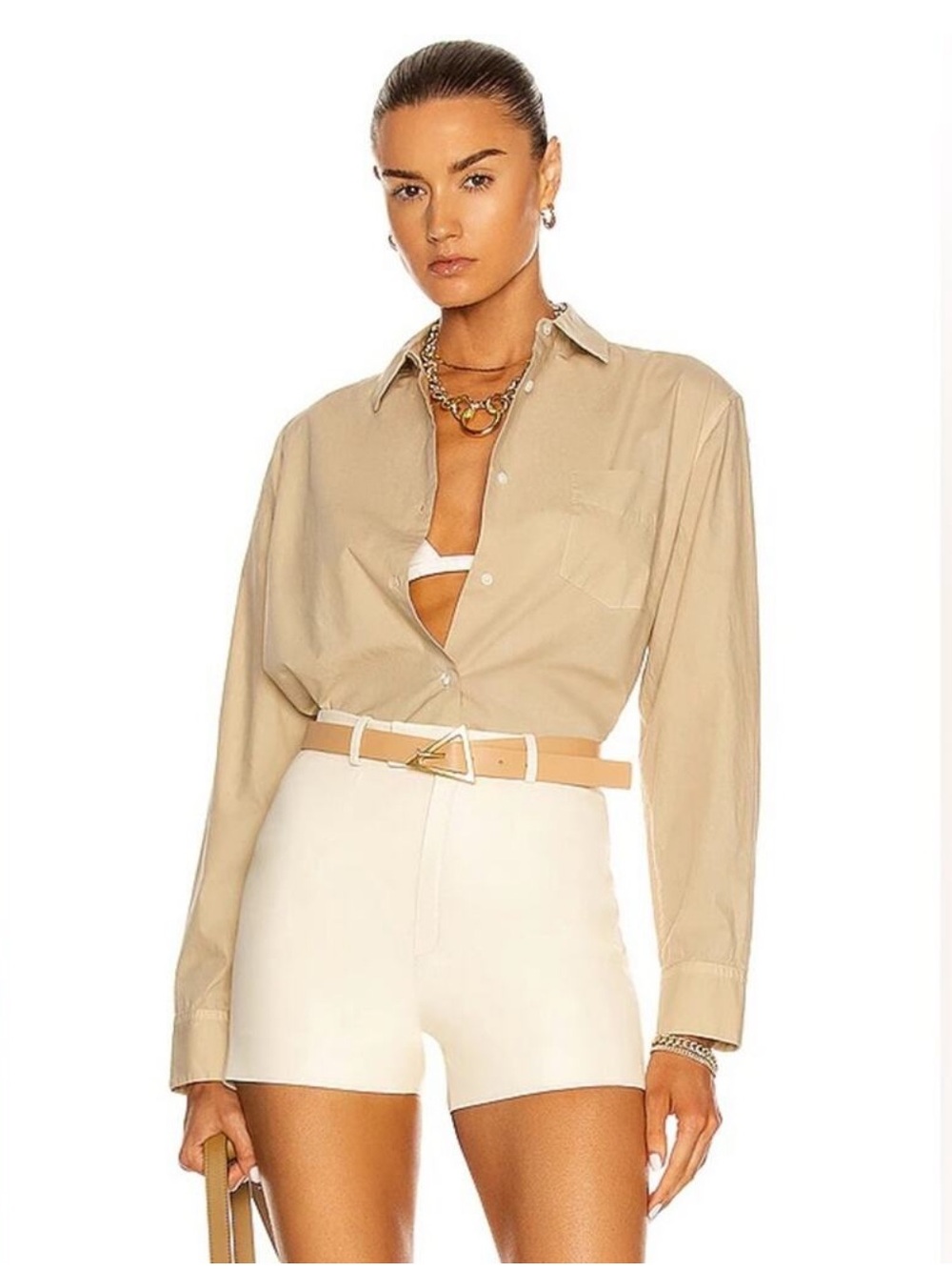 Nili Lotan Kristen Collared Single Pocket Button Down Top S Khaki